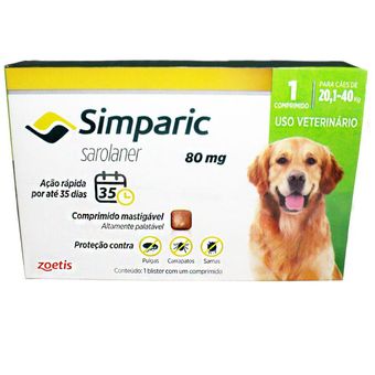 Simparic Zoetis  Para Cães De 20,1 A 40kg Com 1 Comprimido Mastigável - 80mg