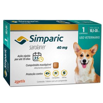 Simparic Zoetis Para Cães De 10,1 A 20kg Com 1 Comprimido Mastigável - 40mg